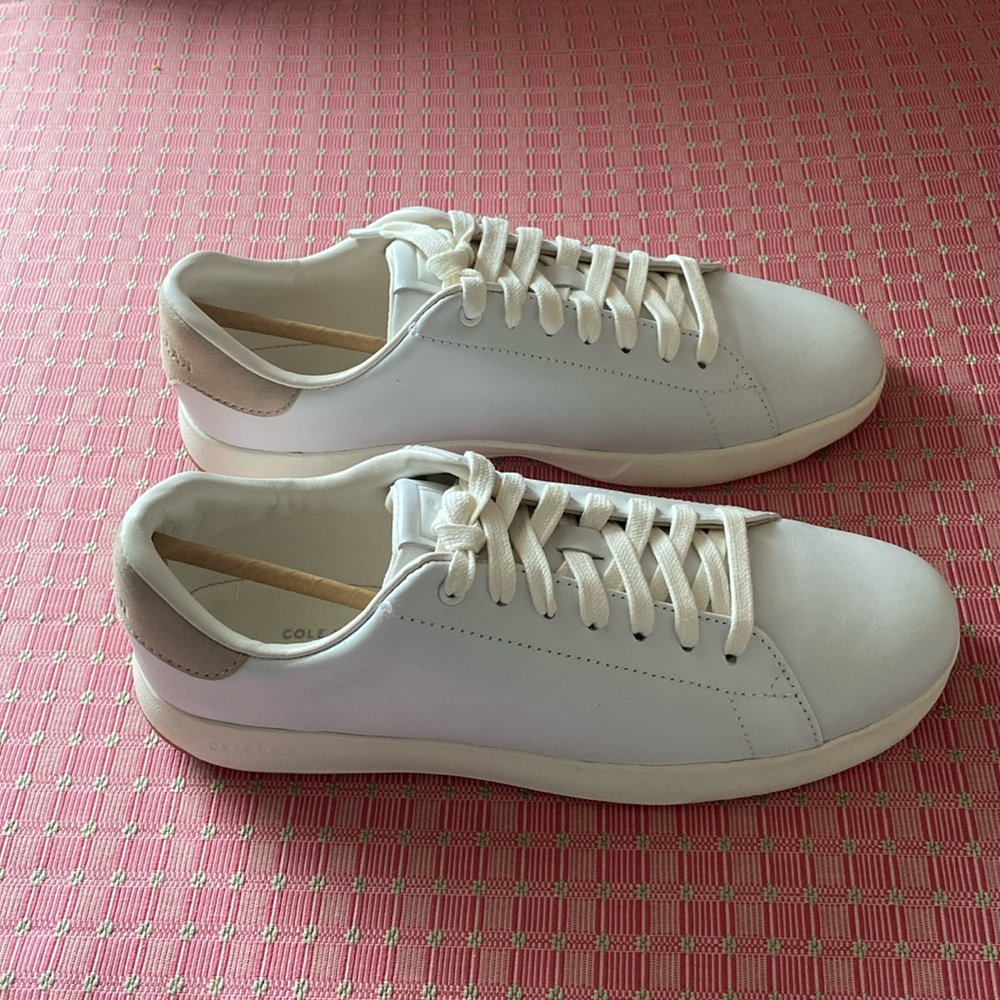 Cole Haan White Leather Sneakers with Tan Heel Accent - Picture 4 of 9